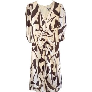 EXPRESS Satin Abstract Print Puff Sleeve Ruched Hi-Lo Midi Dress Ivory Size: XS